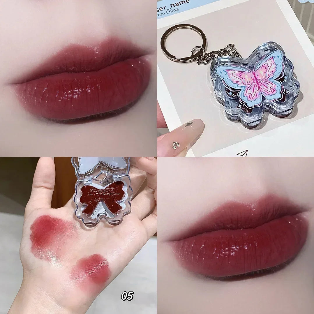 Portable Creative Butterfly Shaped Keychain Lip Gloss Nude Brown Lip Gloss Mirror Moisturizing Lipstick Cute Girl Makeup Gift