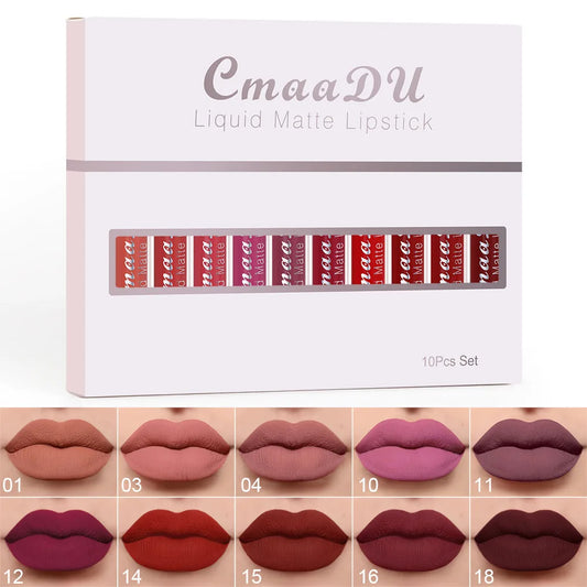 CmaaDu 10pcs/set  velvet matte durable waterproof easy color non-stick cup texture silky saturation high lip gloss