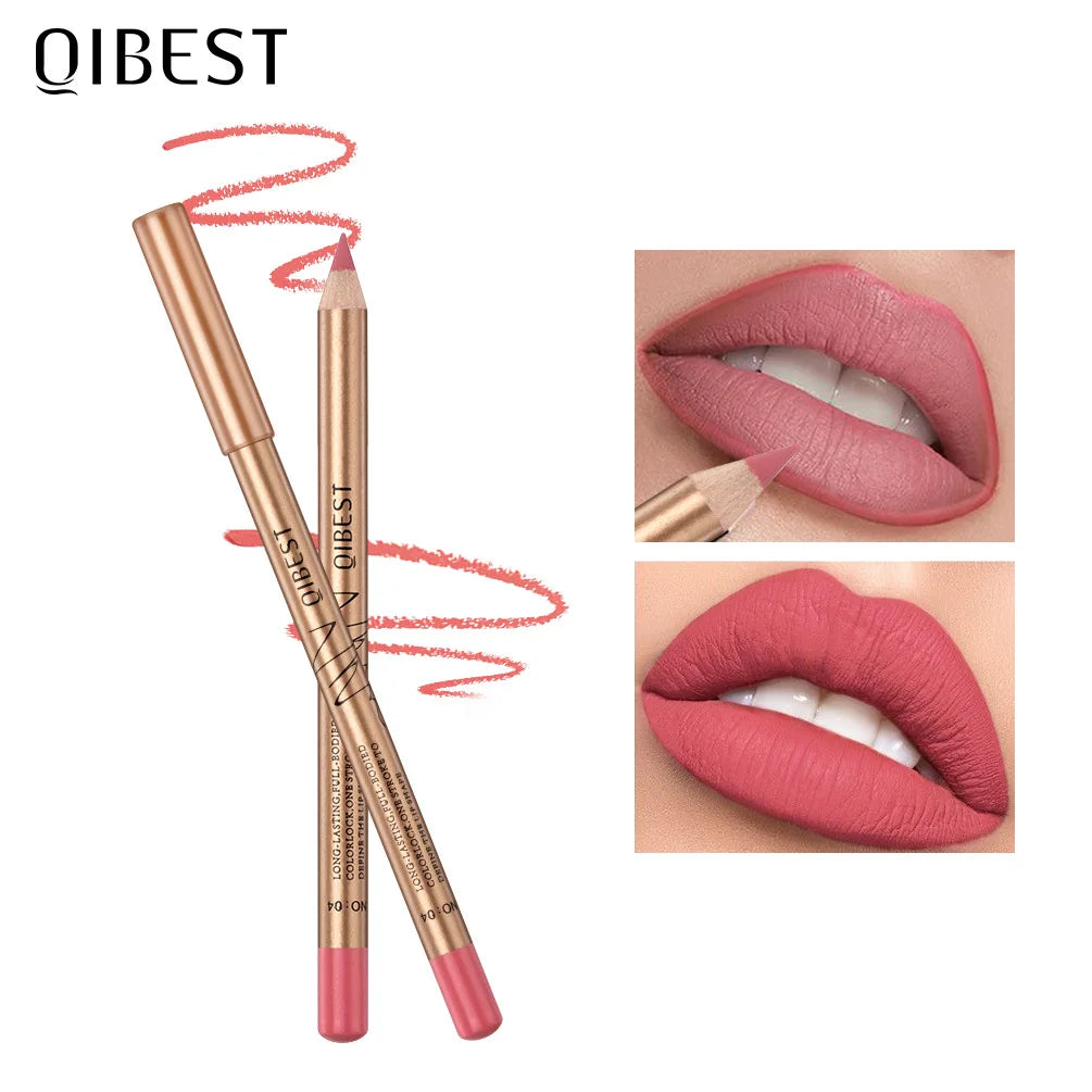 QIBEST 12 colors matte lip liner set colorful not easy to smudge long-lasting non-stick cup matte gold tube lip liner