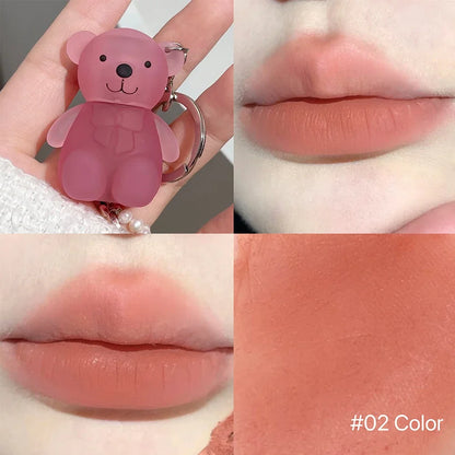Cute Bear Keychain Lip Mud Matte Velvet Mousse Grey Pink Lipstick Waterproof Long Lasting Non-Stick Cup LipGloss Korean Cosmetic