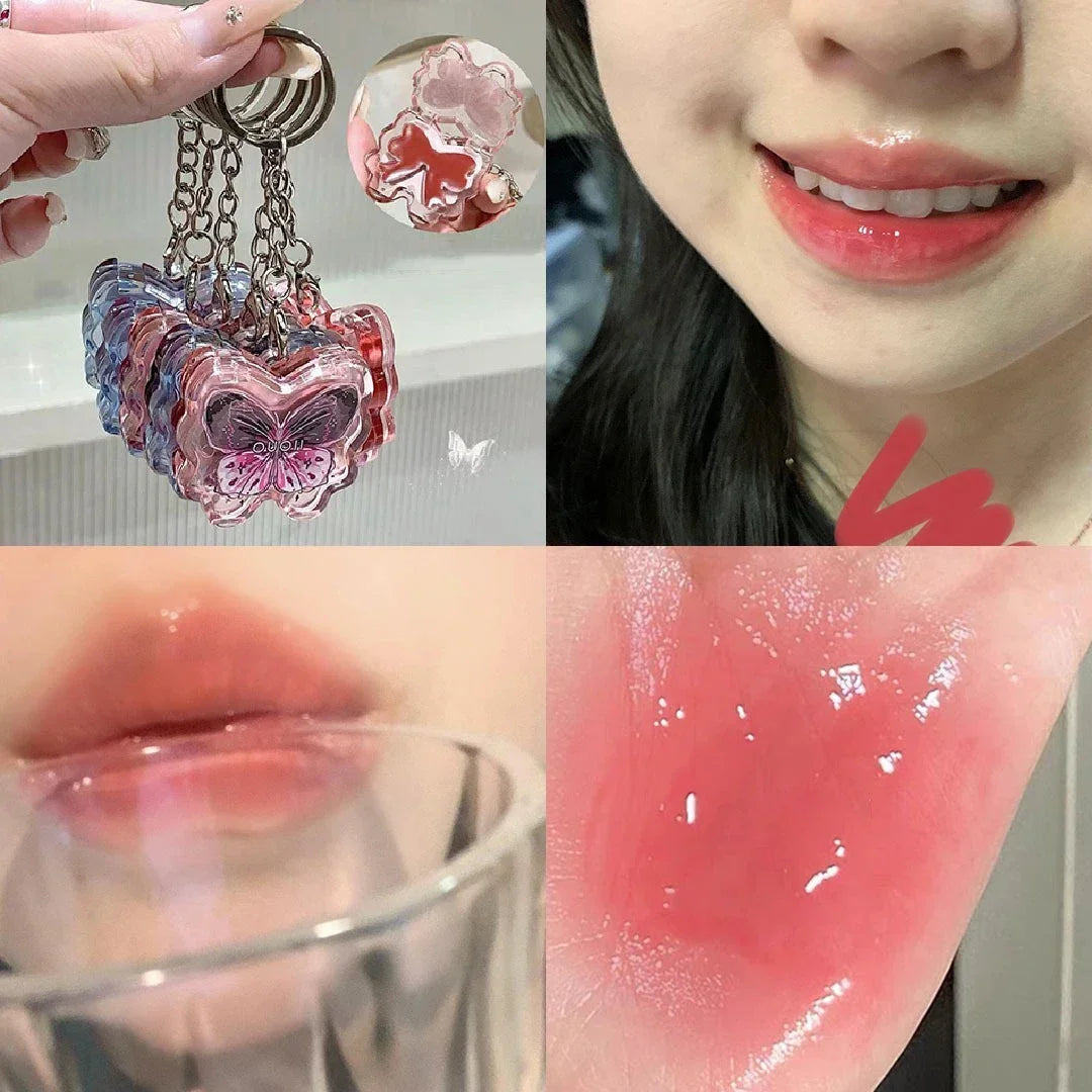 Portable Creative Butterfly Shaped Keychain Lip Gloss Nude Brown Lip Gloss Mirror Moisturizing Lipstick Cute Girl Makeup Gift