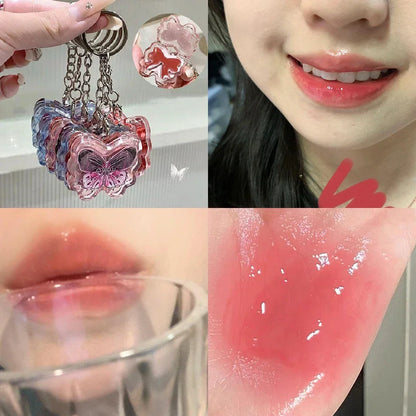 Portable Creative Butterfly Shaped Keychain Lip Gloss Nude Brown Lip Gloss Mirror Moisturizing Lipstick Cute Girl Makeup Gift