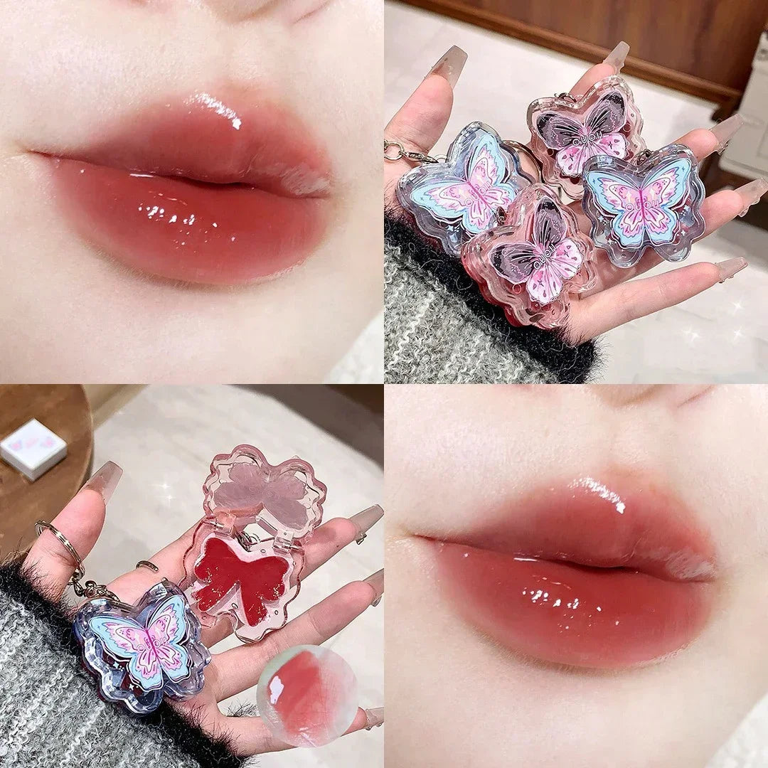 Portable Creative Butterfly Shaped Keychain Lip Gloss Nude Brown Lip Gloss Mirror Moisturizing Lipstick Cute Girl Makeup Gift