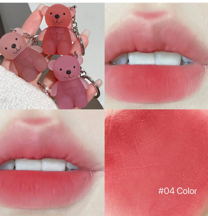 Cute Bear Keychain Lip Mud Matte Velvet Mousse Grey Pink Lipstick Waterproof Long Lasting Non-Stick Cup LipGloss Korean Cosmetic