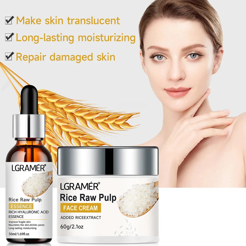 White Rice Serum Cream Combo Smooth Wrinkles Lifting Shrink Pores for Younger Healthier Skin Moisturizing Rice Raw Pulp Care Se