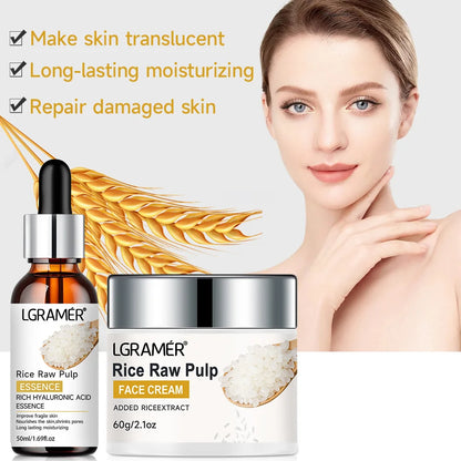White Rice Serum Cream Combo Smooth Wrinkles Lifting Shrink Pores for Younger Healthier Skin Moisturizing Rice Raw Pulp Care Se
