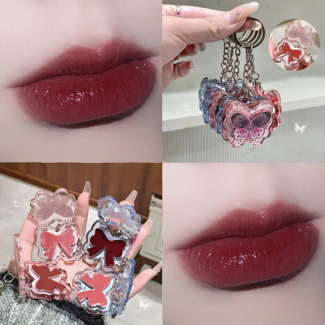 Portable Creative Butterfly Shaped Keychain Lip Gloss Nude Brown Lip Gloss Mirror Moisturizing Lipstick Cute Girl Makeup Gift