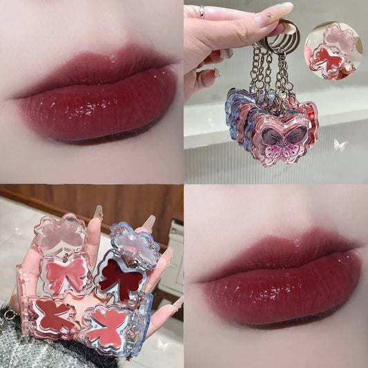 Portable Creative Butterfly Shaped Keychain Lip Gloss Nude Brown Lip Gloss Mirror Moisturizing Lipstick Cute Girl Makeup Gift
