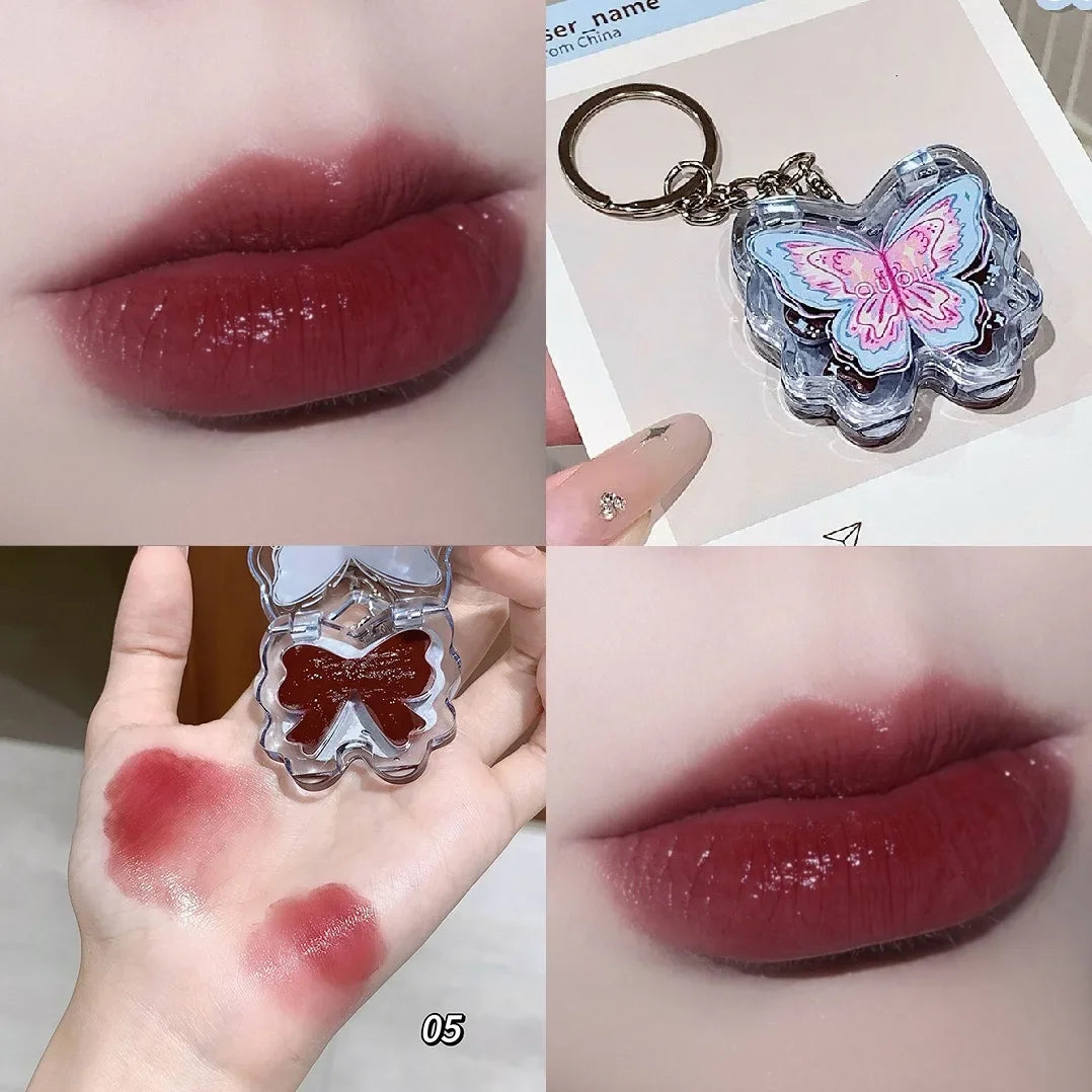 Portable Creative Butterfly Shaped Keychain Lip Gloss Nude Brown Lip Gloss Mirror Moisturizing Lipstick Cute Girl Makeup Gift