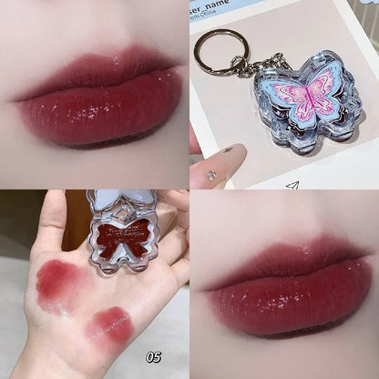 Portable Creative Butterfly Shaped Keychain Lip Gloss Nude Brown Lip Gloss Mirror Moisturizing Lipstick Cute Girl Makeup Gift