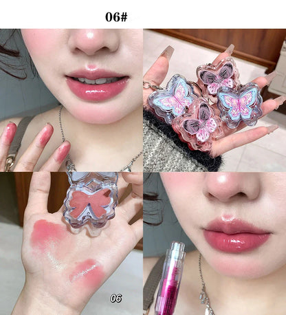 Portable Creative Butterfly Shaped Keychain Lip Gloss Nude Brown Lip Gloss Mirror Moisturizing Lipstick Cute Girl Makeup Gift