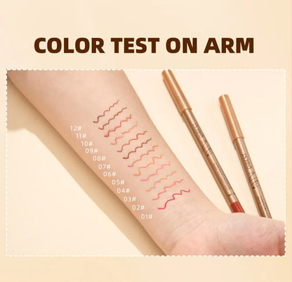 QIBEST 12 colors matte lip liner set colorful not easy to smudge long-lasting non-stick cup matte gold tube lip liner