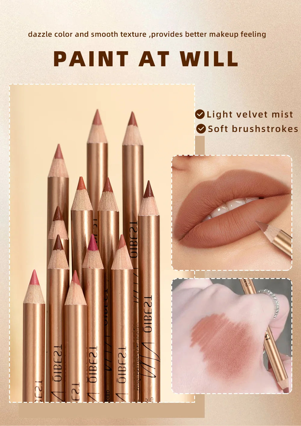 QIBEST 12 colors matte lip liner set colorful not easy to smudge long-lasting non-stick cup matte gold tube lip liner