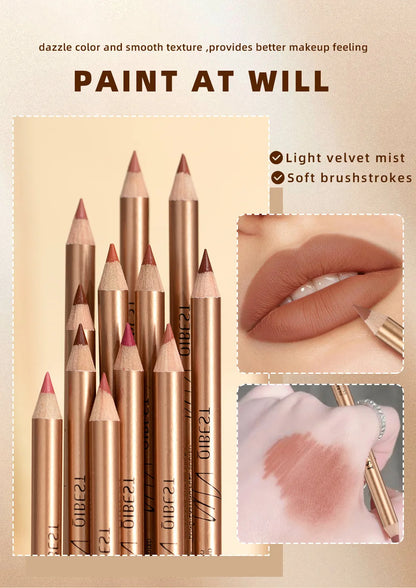 QIBEST 12 colors matte lip liner set colorful not easy to smudge long-lasting non-stick cup matte gold tube lip liner