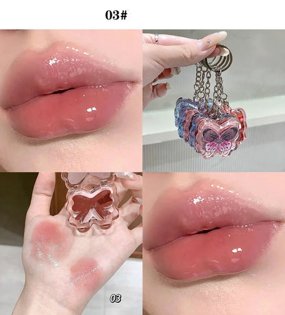 Portable Creative Butterfly Shaped Keychain Lip Gloss Nude Brown Lip Gloss Mirror Moisturizing Lipstick Cute Girl Makeup Gift
