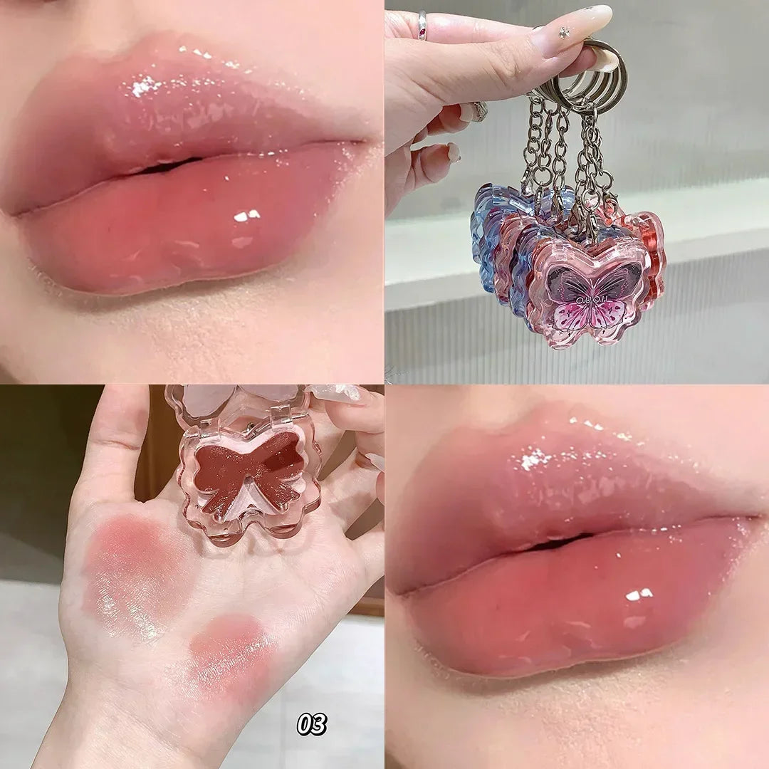 Portable Creative Butterfly Shaped Keychain Lip Gloss Nude Brown Lip Gloss Mirror Moisturizing Lipstick Cute Girl Makeup Gift