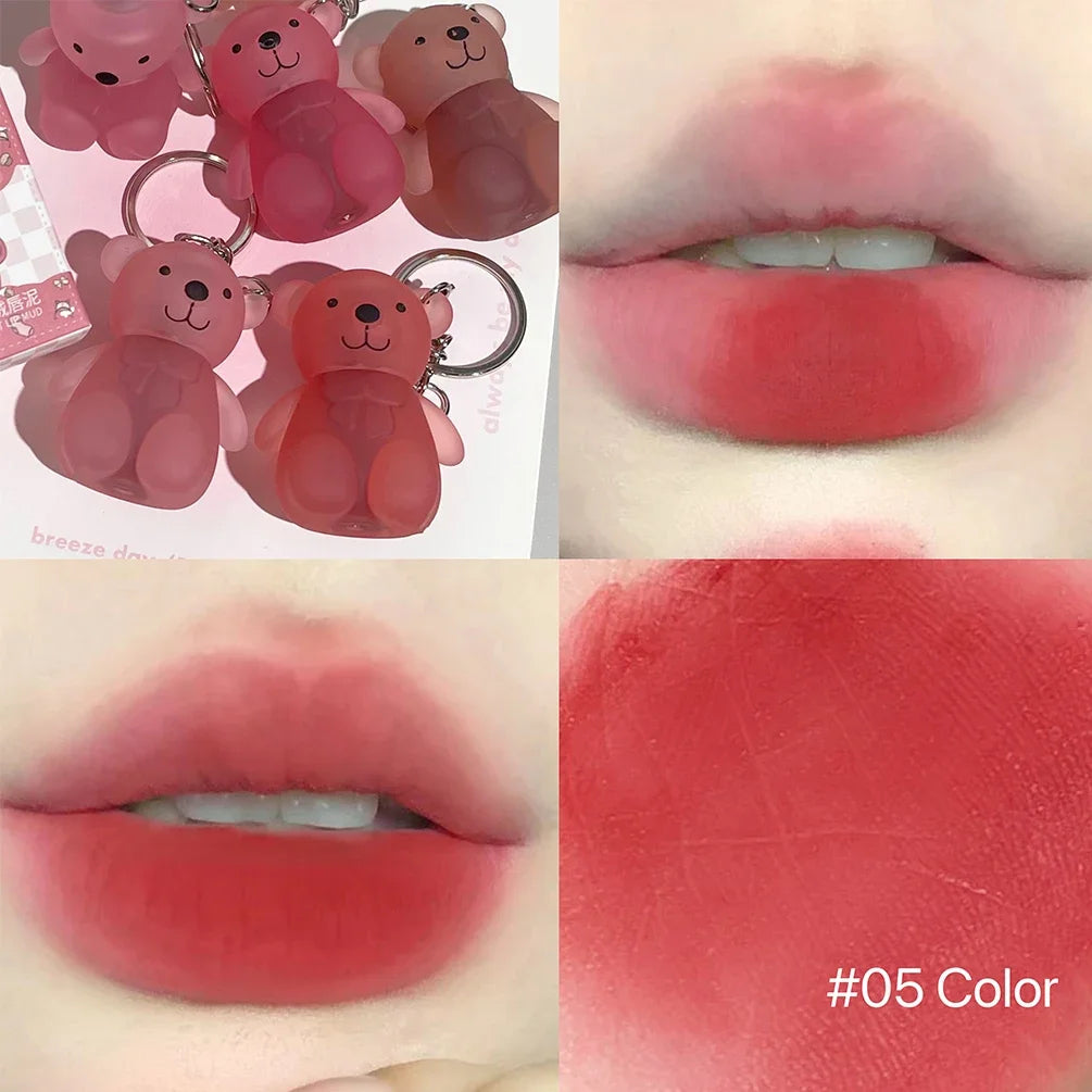 Cute Bear Keychain Lip Mud Matte Velvet Mousse Grey Pink Lipstick Waterproof Long Lasting Non-Stick Cup LipGloss Korean Cosmetic