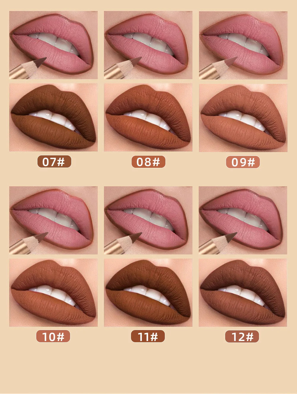 QIBEST 12 colors matte lip liner set colorful not easy to smudge long-lasting non-stick cup matte gold tube lip liner