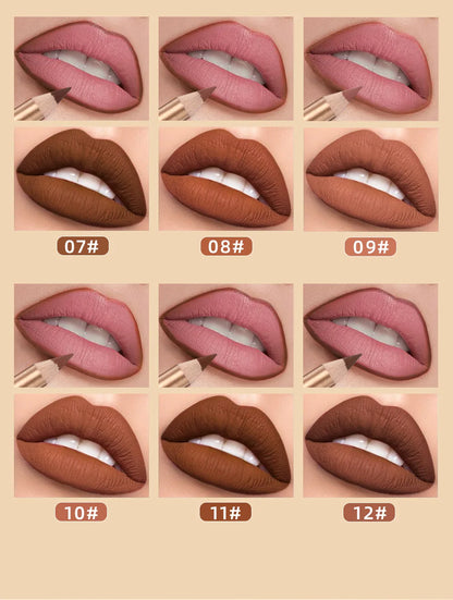QIBEST 12 colors matte lip liner set colorful not easy to smudge long-lasting non-stick cup matte gold tube lip liner