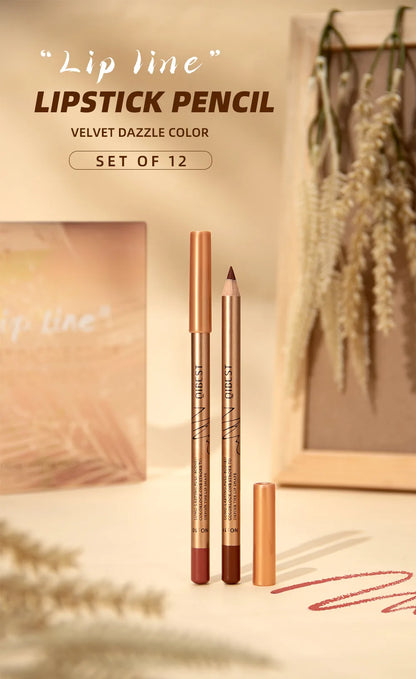 QIBEST 12 colors matte lip liner set colorful not easy to smudge long-lasting non-stick cup matte gold tube lip liner