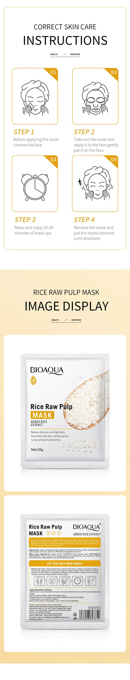 10pcs BIOAQUA Rice Raw Pulp Facial Masks skincare Moisturizing Firming Hydrating Face Mask Sheets Mask Korean Skin Care