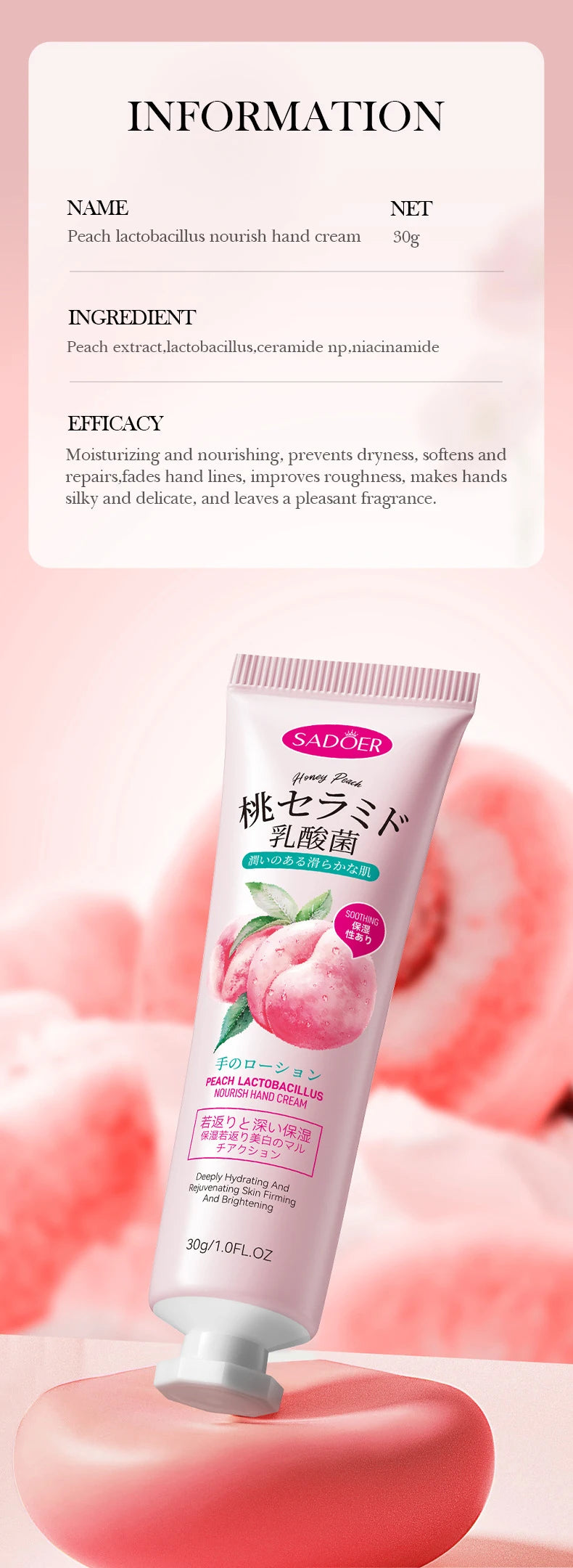 3/5pcs SADOER Peach Lactobacillus Hand Cream Anti-Drying Crack Moisturizing Brightening Repairing Hand Creams Hands Skin Care