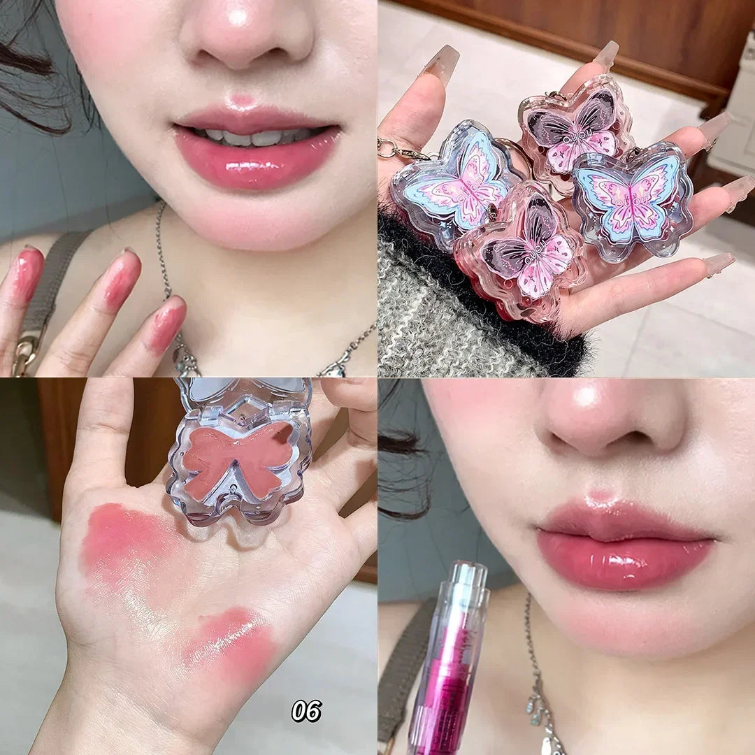 Portable Creative Butterfly Shaped Keychain Lip Gloss Nude Brown Lip Gloss Mirror Moisturizing Lipstick Cute Girl Makeup Gift