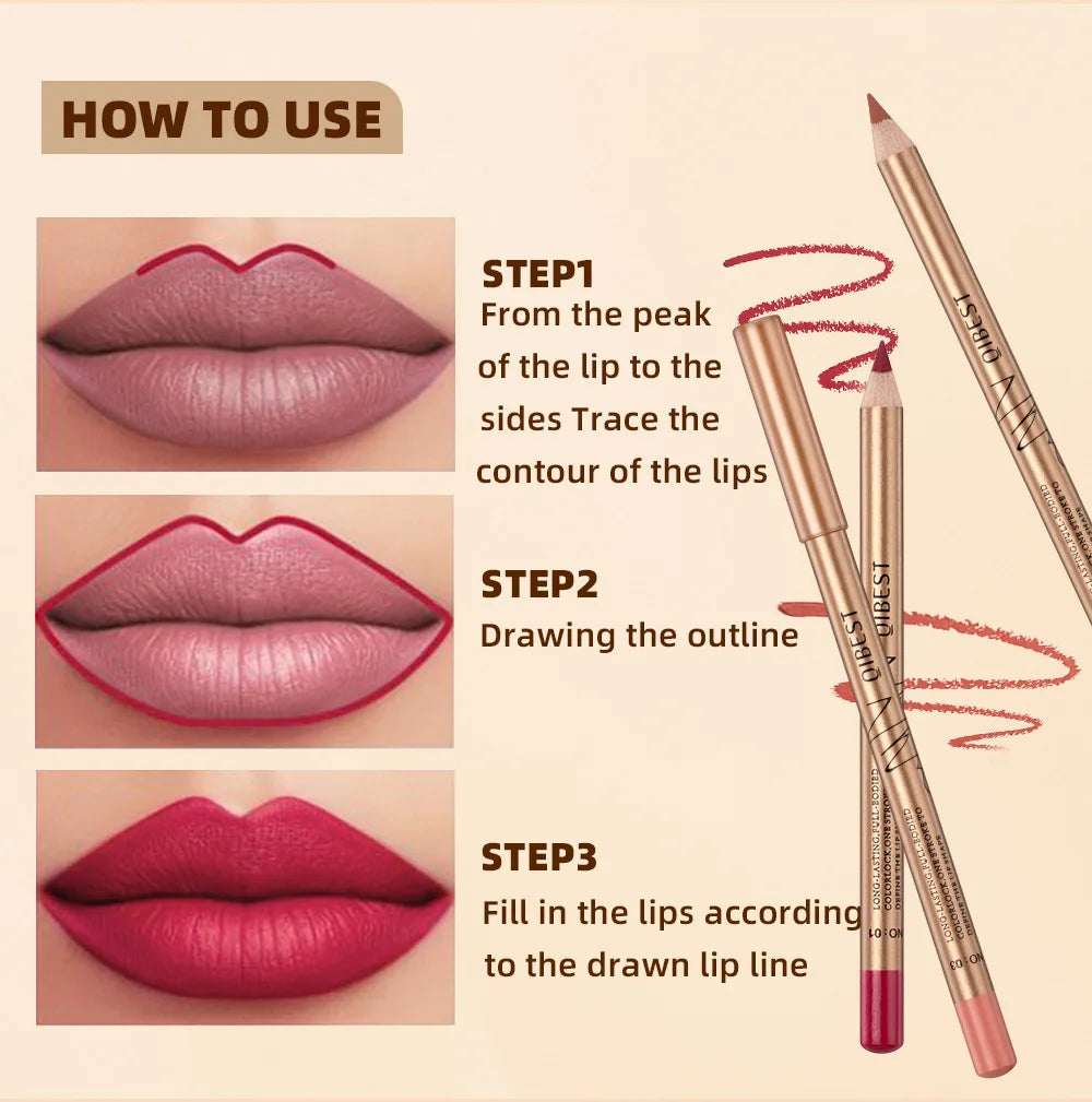 QIBEST 12 colors matte lip liner set colorful not easy to smudge long-lasting non-stick cup matte gold tube lip liner