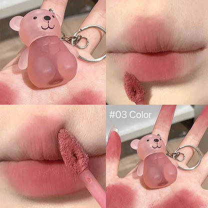 Cute Bear Keychain Lip Mud Matte Velvet Mousse Grey Pink Lipstick Waterproof Long Lasting Non-Stick Cup LipGloss Korean Cosmetic