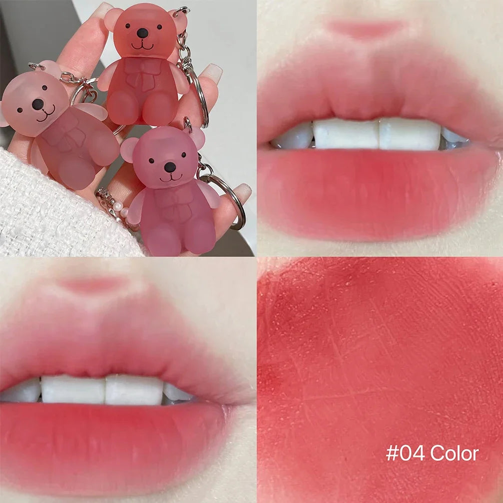Cute Bear Keychain Lip Mud Matte Velvet Mousse Grey Pink Lipstick Waterproof Long Lasting Non-Stick Cup LipGloss Korean Cosmetic