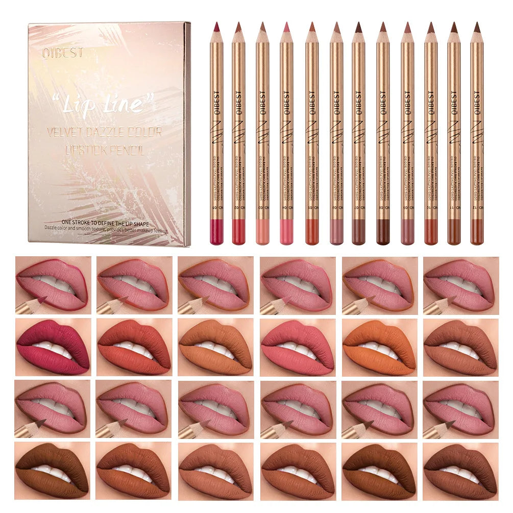QIBEST 12 colors matte lip liner set colorful not easy to smudge long-lasting non-stick cup matte gold tube lip liner