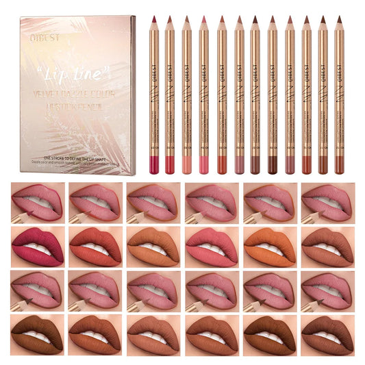 QIBEST 12 colors matte lip liner set colorful not easy to smudge long-lasting non-stick cup matte gold tube lip liner