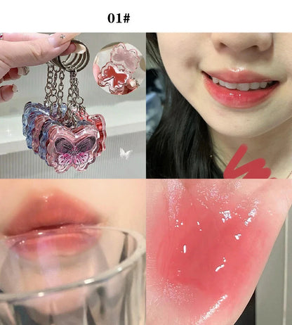 Portable Creative Butterfly Shaped Keychain Lip Gloss Nude Brown Lip Gloss Mirror Moisturizing Lipstick Cute Girl Makeup Gift