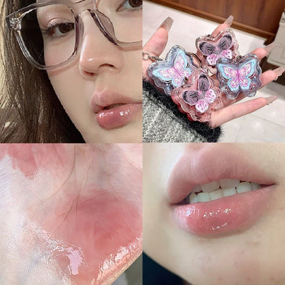 Portable Creative Butterfly Shaped Keychain Lip Gloss Nude Brown Lip Gloss Mirror Moisturizing Lipstick Cute Girl Makeup Gift
