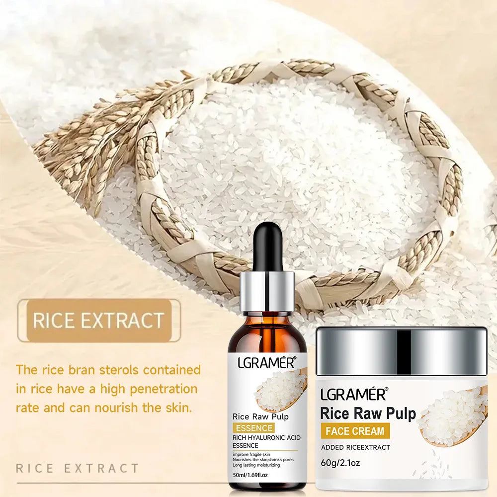 White Rice Serum Cream Combo Smooth Wrinkles Lifting Shrink Pores for Younger Healthier Skin Moisturizing Rice Raw Pulp Care Se