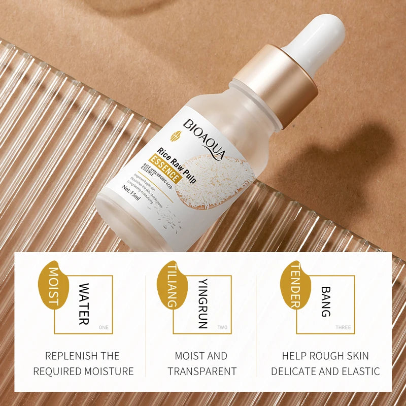 Rice hyaluronic acid essence moisturizes, moisturizes, brightens skin tone, improves skin roughness, and is a gentle serum