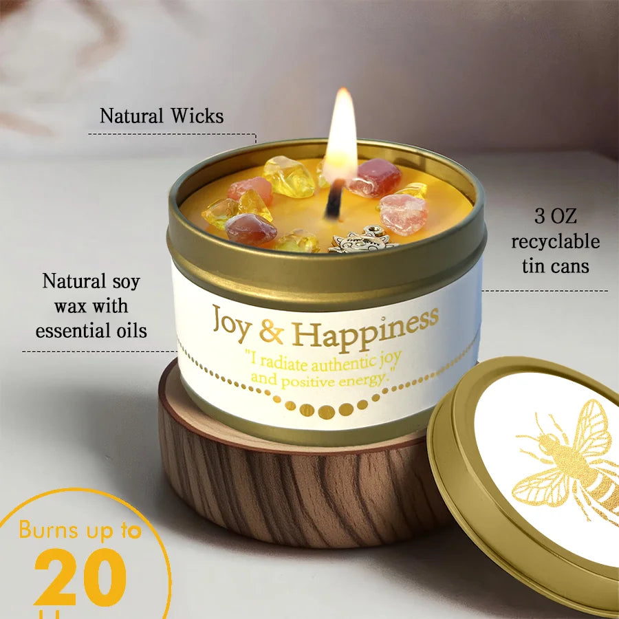Crystal Ritual Candle | 3oz (Joy & Happiness) - Natural Soy Wax with| 30H Clean Burn, Luxury Spiritual Gift for Valentine's Day