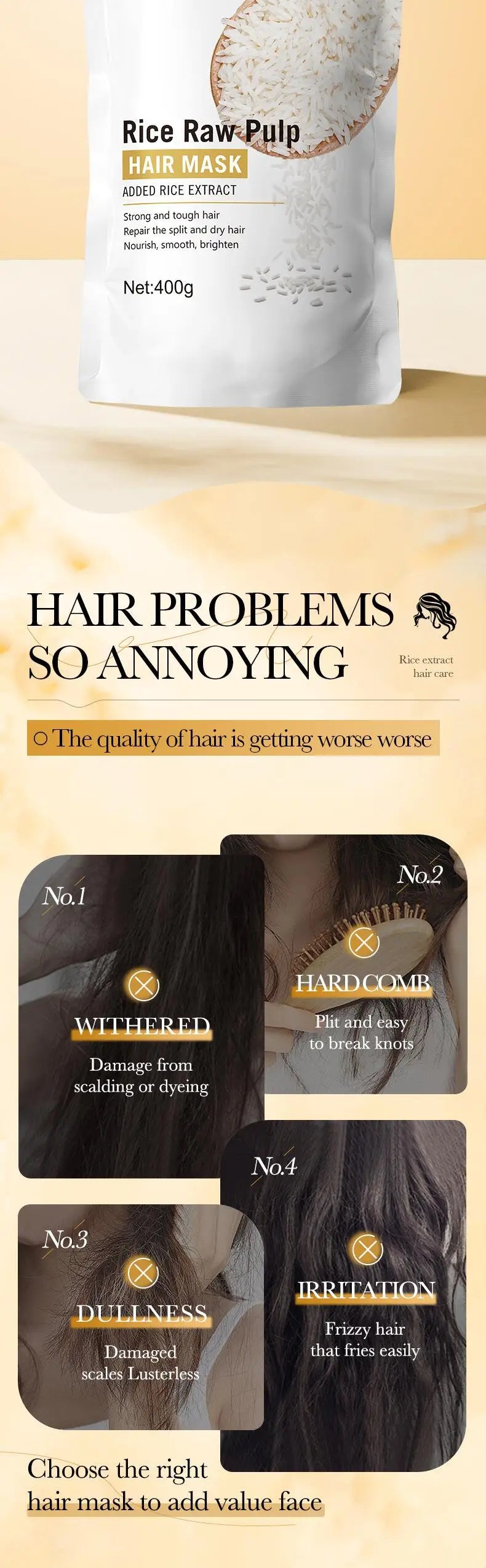 Rice Magical Keratin Hair Mask 5 Seconds Repair Damaged Frizzy Hairs Soft Smooth Shiny Moisturizing Nourish Hair Root Care