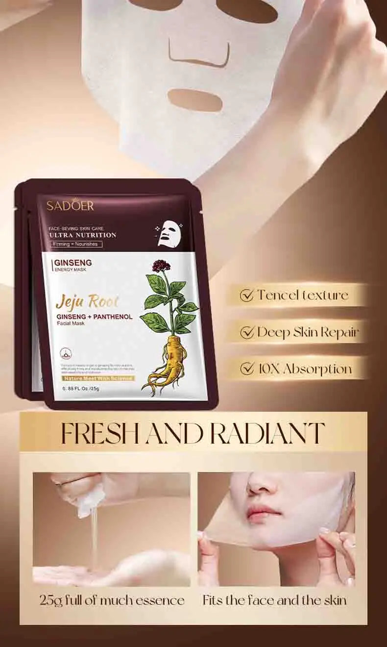 5pcs SADOER Plant Roots Face Mask Ginseng Carrot Ginger Facial Masks Moisturizing Firming Hydrating Face Sheet Mask Skin Care