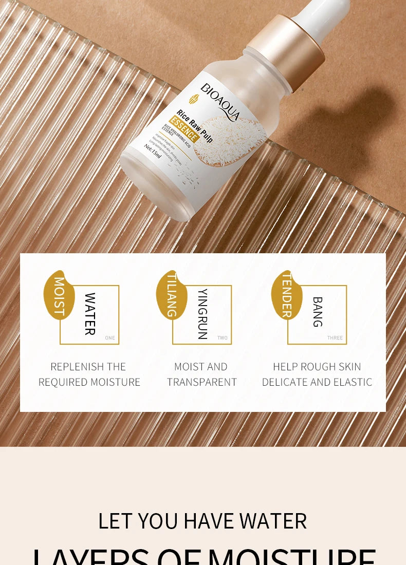 Rice hyaluronic acid essence moisturizes, moisturizes, brightens skin tone, improves skin roughness, and is a gentle serum