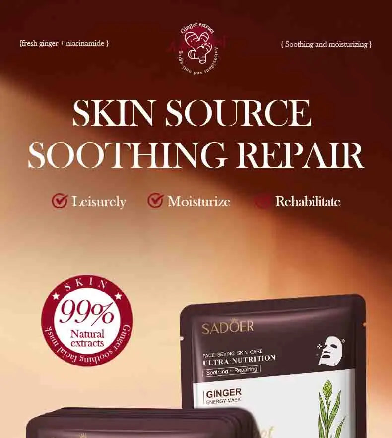 5pcs SADOER Plant Roots Face Mask Ginseng Carrot Ginger Facial Masks Moisturizing Firming Hydrating Face Sheet Mask Skin Care