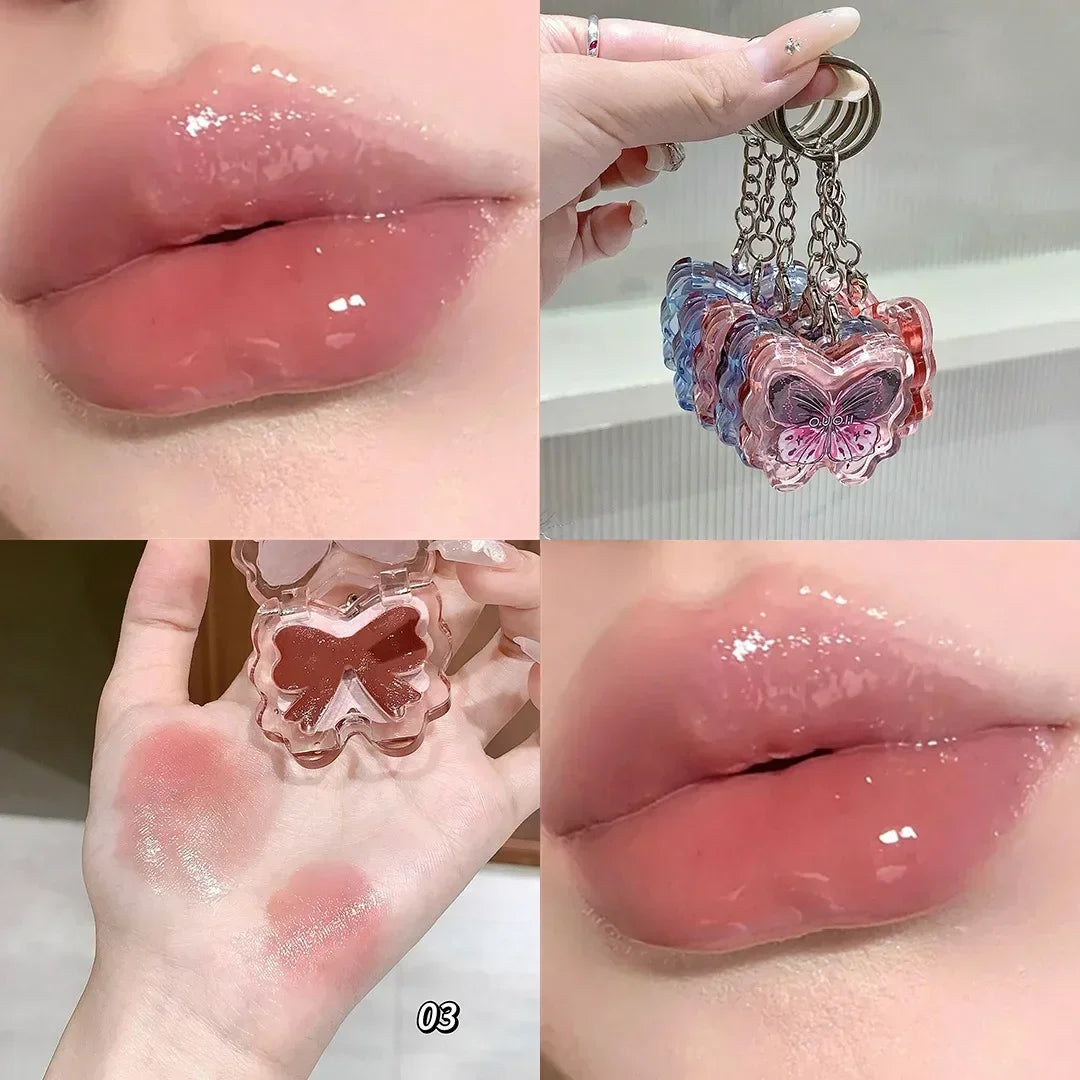 Portable Creative Butterfly Shaped Keychain Lip Gloss Nude Brown Lip Gloss Mirror Moisturizing Lipstick Cute Girl Makeup Gift