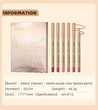 QIBEST 12 colors matte lip liner set colorful not easy to smudge long-lasting non-stick cup matte gold tube lip liner