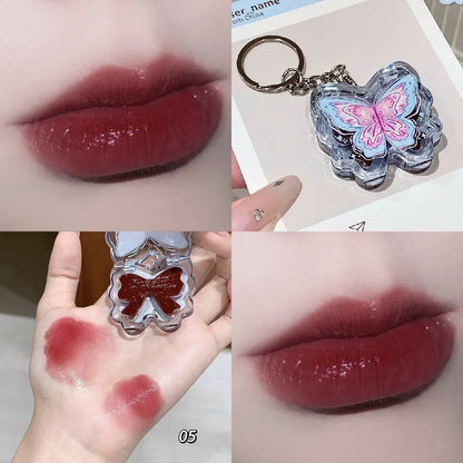 Portable Creative Butterfly Shaped Keychain Lip Gloss Nude Brown Lip Gloss Mirror Moisturizing Lipstick Cute Girl Makeup Gift