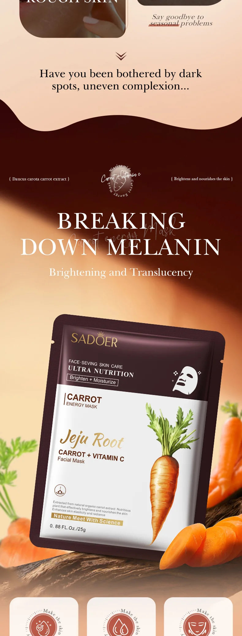 5pcs SADOER Plant Roots Face Mask Ginseng Carrot Ginger Facial Masks Moisturizing Firming Hydrating Face Sheet Mask Skin Care